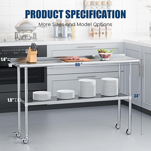 Stainless Steel Table with Wheels 18 x 60 Inches Metal Prep Table with Backsplash & Caster, Adjustable Undershelf for Commercial Kitchen, Outdoor, Restaurant, Hotel & Garage
