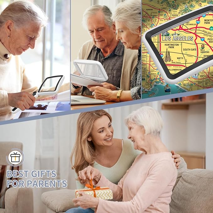 Magnifying Glass for Reading, Rechargeable 5X Large Page Magnifier with Light, Folding Handheld Dimmable Rectangle Lighted Magnifier for Reading Book Small Print for Seniors Low Vision, Black White