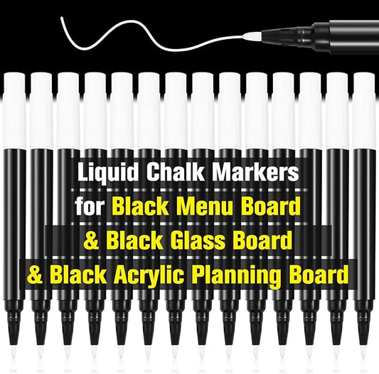 Liquid Chalk Markers White for Blackboard Wet Erase Marker for Black Glass Dry Erase Board Black Acrylic Planning Board Window Mirror Halloween Painting, 14 White Markers, 1mm Fine Tip, Easy Wet Erase