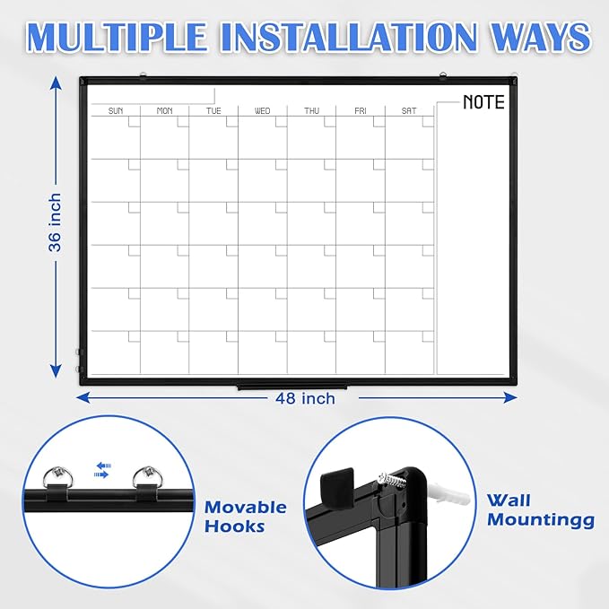 WALGLASS Dry Erase Calendar Whiteboard, 48" x 36" Monthly Large Dry Erase Calendar for Wall, Double-Sided Hanging Calendar White Board with Black Aluminum Frame for Home, School, Office, Kitchen