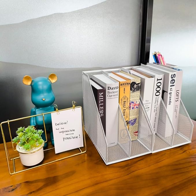 2 Set Desk Organizers, Metal Desk Magazine File Holder and 1 Pen Holder, 2 Compartments Mesh File Holder, Mesh Desktop Organizer and Storage (white)