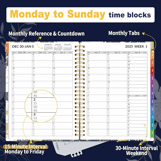 SUNEE 2025 Appointment Book, Quarter-Hourly, Weekly & Monthly - from January 2025 - December 2025, 6.4"x8.3" Flexible Cover, Notes, Pockets, Bookmark, Spiral Binding, Vintage Floral