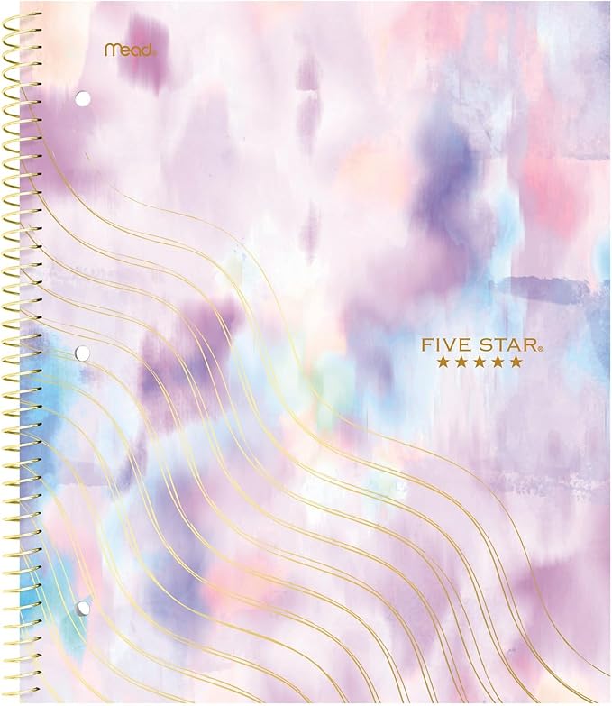 Five Star Spiral Notebook + Study App, 1 Subject, Wide Ruled, 8" x 10-1/2", 80 Sheets, Pastel Tie Dye (930210F-ECM)