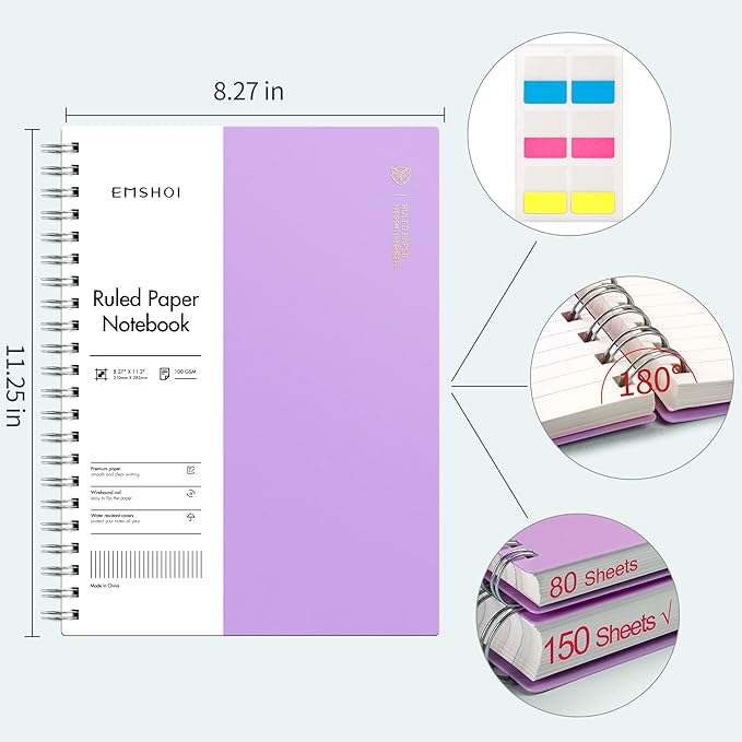 EMSHOI A4 Spiral Notebook College Ruled Lined Journal, 11.2" x 8.27", 300 Pages, 100gsm Thick Paper, Waterproof Softcover, Twin-Wire Binding, Sticky Notes, Purple