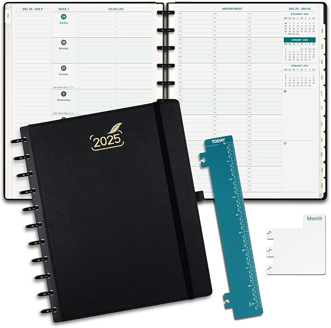 BEZEND 2025 Weekly Monthly Planner Disc-Bound, 8.5" x 11", Appointment Book 12 Months Agenda, Large Calendar Book with To Do List, Hourly Time Slots, Removable Pages, Tabs, Inner Pocket - Black