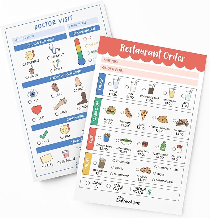 Tiny Expressions Playtime Notepads - 2-Pack Kids Pretend Play Notepads - 40 Pages Order-Taking Restaurant & 40 Pages Doctor Visit Notepad - Waiter and Doctor Imaginative Role Play