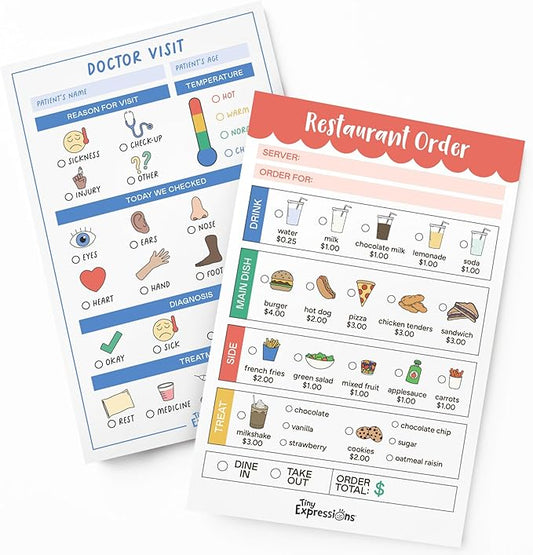 Tiny Expressions Playtime Notepads - 2-Pack Kids Pretend Play Notepads - 40 Pages Order-Taking Restaurant & 40 Pages Doctor Visit Notepad - Waiter and Doctor Imaginative Role Play