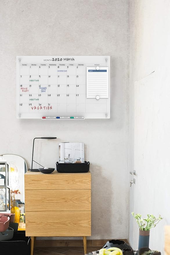Audio-Visual Direct Magnetic Glass Dry Erase Board Set (3' x 2', Calendar Ultra White) for Wall - Monthly Planner