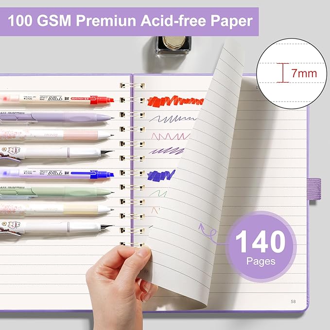 EMSHOI Lined Spiral Journal Notebook for Women & Men, 140 Numbered Pages, College Ruled Hardcover Notebook for Work & Note Taking, Journals for Writing, A5(6"x8") - Lightpurple