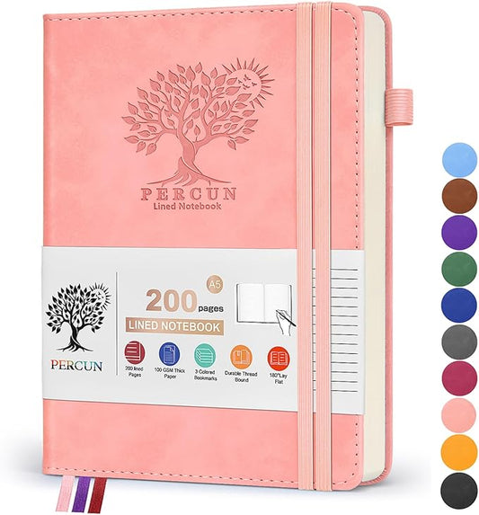 Lined Journal Notebook for Women and Men,Hardcover Leather Journaling Notebook for Writing, Travel, Business, Work and School,200 Pages A5 Notebook for Note Taking, Diary 5.9" × 8.5" - Pink