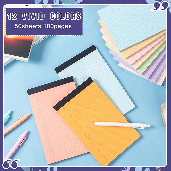 Lincia 24 Pcs 5" x 8" Colored Note Pads Mini Legal Pads Ruled 50 Sheets Per Micro Writing Pads Perforated and Lined for College Office Supplies (Bright Colors)