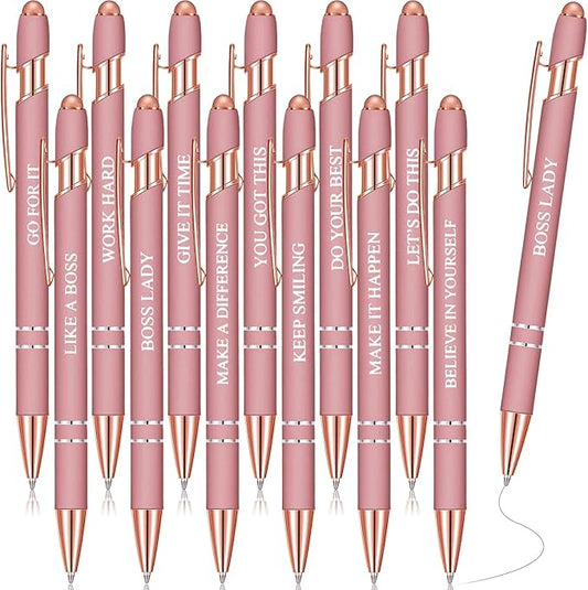 Zonon 12 Pieces Inspirational Pens Bulk Easter Basket Stuffers Motivational Quotes Ballpoint Pens with Stylus Tip Inspirational Gifts for School Office Teachers(Rose Gold,Boss Lady)