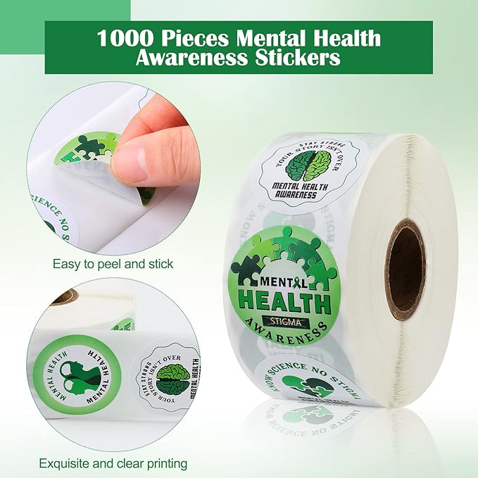 1000 Pieces Mental Health Awareness Stickers Small Green Ribbon Awareness Stickers Mental Health Gifts for Adult Women Men Teens Kids Fundraiser Event Mental Health Handout Supplies, 8 Styles