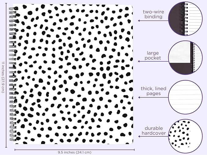 Steel Mill & Co Cute Large Spiral Notebook College Ruled, 11" x 9.5" with Durable Hardcover and 160 Lined Pages, Black Dots