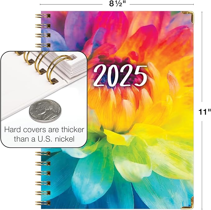 HARDCOVER 2025 Planner, 8.5"x11": 14 Months (November 2024 - December 2025), Daily Weekly Monthly Planner, Yearly Agenda, Bookmark, Pocket Folder and Sticky Note Set (Rainbow Petals)