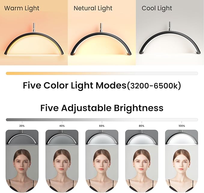 Lash Light for Eyelash Tech, Half Moon Light for Lashes and Estheticians, LED Floor Lash Lamp for Eyelash Extensions, Nail Art, Tattoo Art and Skincare (Black)