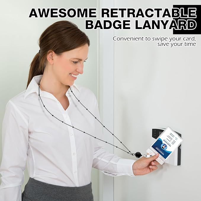 Outus 2 Pieces Badge Lanyard with ID Holders Stainless Steel Badge Holders Necklace Retractable Reel Clip Chain Water Resistant Name(Black)