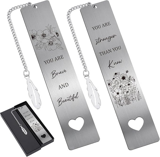 Inspirational Metal Bookmark Gift - 2 PCs You are Brave Stronger Than You Know Bookmarks Reading Women Girls Flower Motivational Appreciation Book Marks Pendant Family Friends Birthday