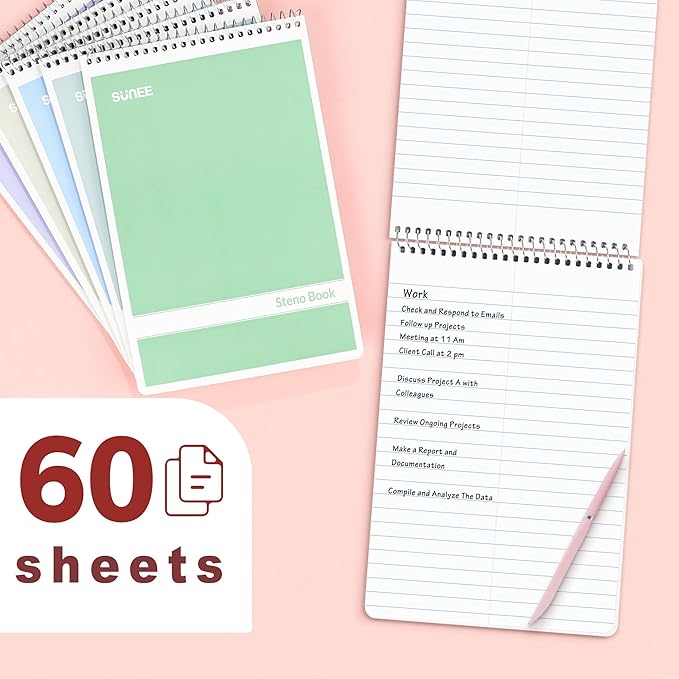 SUNEE Steno Pads 6x9 6 Pack, Gregg Rule, 60 Sheets, 6 Assorted Color Spiral Notebook 6x9, White Paper, Take Notes with Top Spiral Notebook, for School, University, College, Work, Office