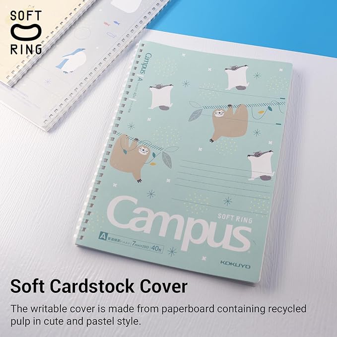 KOKUYO Spiral Notebook Journal, 3 Pack Campus B5 Soft Ring Notebooks with Dotted A 7mm Rule, 40 Sheets, Cute Animal 1 Subject Notebook in Blue Yellow Green, College Office Note Taking. Japan Import
