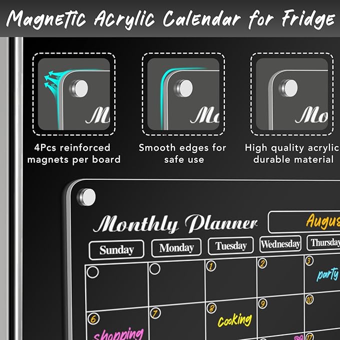 DIYMAG 4Pcs Acrylic Magnetic Dry Erase Calendar for Fridge, Clear Acrylic Calendar Planning Board Set Magnetic Weekly Monthly Planner Menu for Refrigerator with 6 Highlight Markers Transparent Color