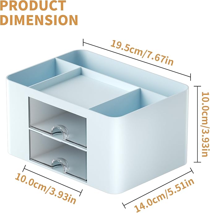 Marbrasse Pen Organizer with 2 Drawer, Multi-Functional Pencil Holder for Desk, Desk Organizers and Accessories with 5 Compartments + Drawer for Office Art Supplies (Blue)