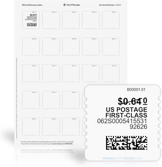 White NetStamps 120-Pack (5 Sheets) Printable Postage Labels (Stamps.com Subscription Required) - Print Approved Postage - Inkjet & Laser Printers - Business, Personal, Home
