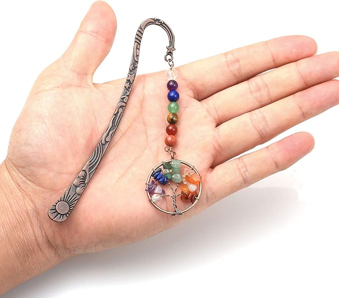 Jovivi Antique Copper Metal Bookmark Beading Bookmarks with Handmade 7 Chakra Healing Crystals Tree of Life Tumbled Gemstones and Round Beads