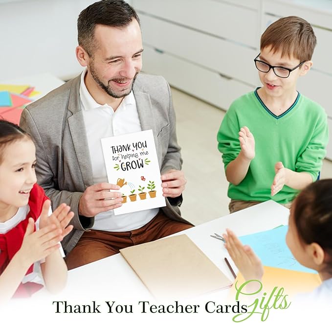 FaCraft Teacher Appreciation Cards, Thank You Cards with Envelopes, 4 x 6, Thank You for Helping Me Grow, for Preschool Kindergarten Teacher Gift Card from Kids Students Daycare (Plant)