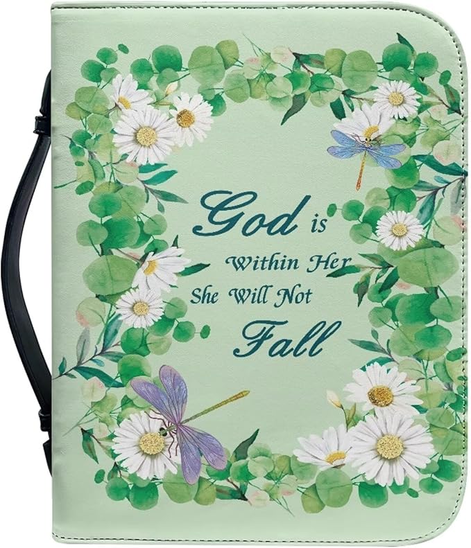 Lotusorchid Bible Book Cover for Women, Large Bible Cover Case with Verse, Sturdy Zippered Bible Carrying Case with Handle Pocket Portable Bible Bag for Bible Study, Green,M