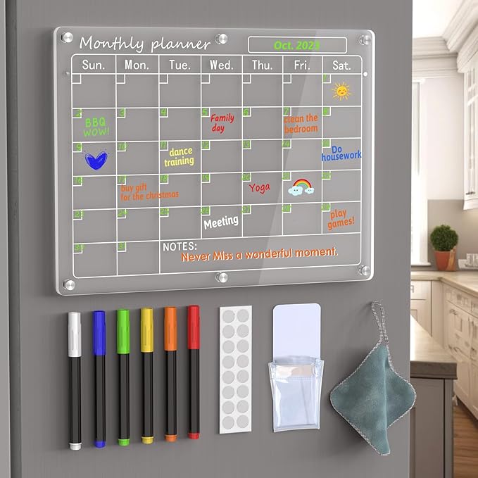 Magnetic Acrylic Calendar for Fridge,1 Pack 12"x16" Clear Fridge Calendar Dry Erase Magnetic Planning Boards Set(Monthly Planner_1)