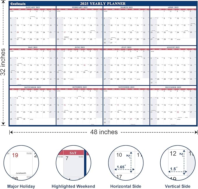 2025 Wall Calendar 32"x48" Wet & Dry Erase Calendar for Wall - Large Yearly Planner 12 Months, 2-Sided Reversible Horizontal Vertical Calendar January to December for Home Office School