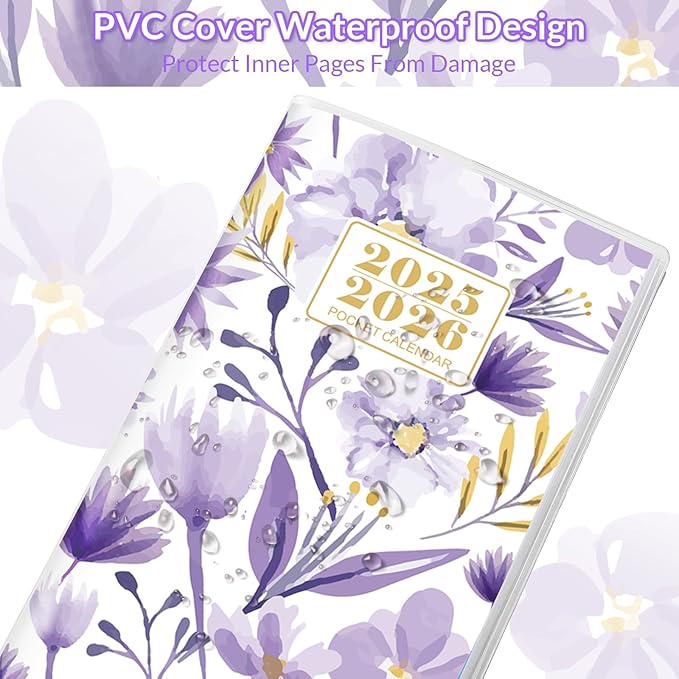 Pocket Calendar 2025-2026, Purple Monthly Planner 2025-2026 - 3.7" x 6.7" - Runs from January 2025 Until December 2026, Small Pocket Calendar 2025 with PVC Cover for Planning