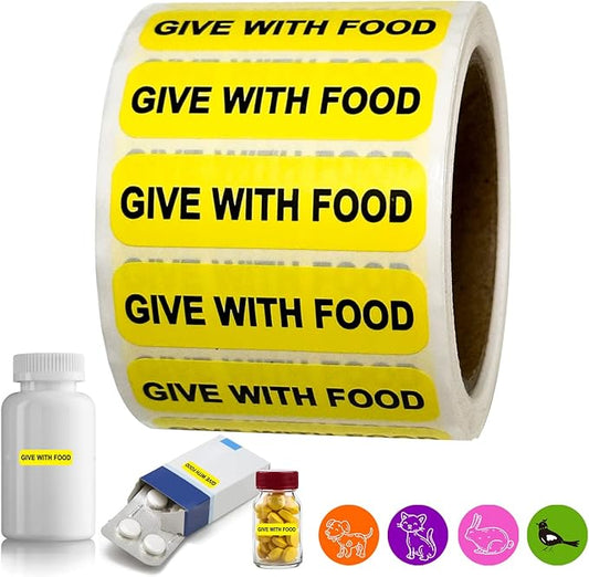 Give with Food-Veterinary Labels/Stickers, 1.5 x 0.43 inch Medication Instruction Labels for Medical Containers Pharmacies Hospitals for Drugstor Management, 500 Labels per roll (Yellow)