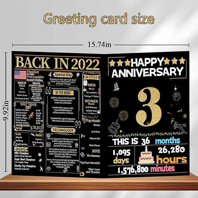 Joycard 3th Anniversary Card for Women Men, Gold Wedding Card for Wife Husband, Sweet Marriage Decorations Gifts for Couple, Perfect for Her Him on Anniversary Day, Back in 2022