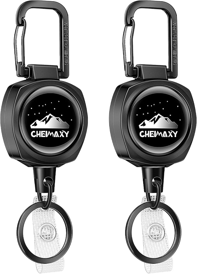 2 Pack Tactical ID Badge Reels, Cheimaxy Heavy Duty Carabiner Retractable Badge Holder, ID Card Holder, Retractable Keychain with 30IN Wire Rope, 8 OZ Weight Capacity