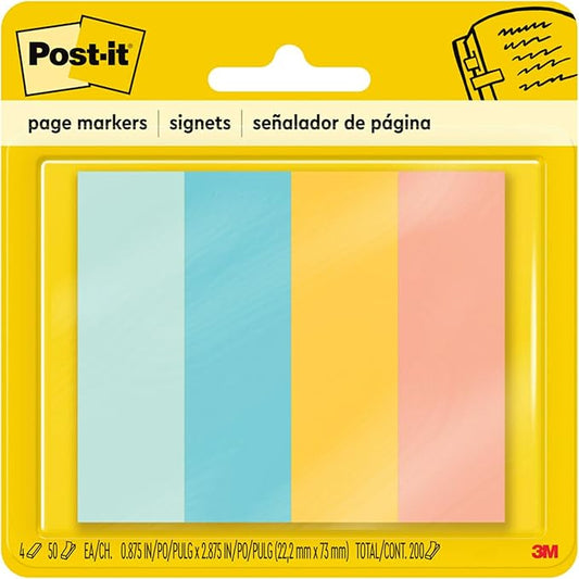 Post-it Page Markers, Assorted Colors, 1 in x 3 in, 50 Sheets/Pad, 4 Pads/Pack (671-4AF)
