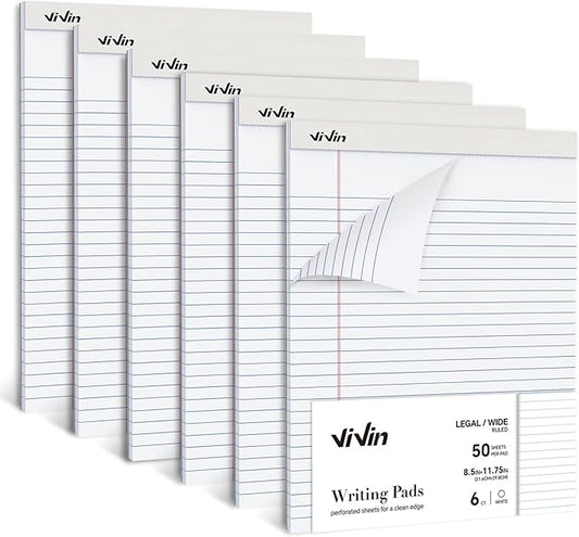 ViVin Legal Pads 8.5 x 11 Inch, Wide Ruled Note Pads, 6 Pack, 50 Sheet/Pad, Perforated Writing Pads, Notepads for Office Home School, 300 Sheets (6 Pack of 50), White Paper