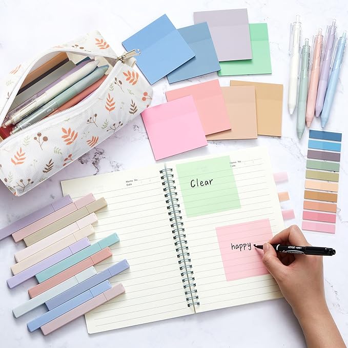 Jutom 39 Pcs Aesthetic Book Annotation Kit Pencil Case Bag with Highlighter Gel Pen 700 Sheets Transparent Sticky Notes Pads Index Tab Bible Study Supplies for School(Beige,Floral Style)
