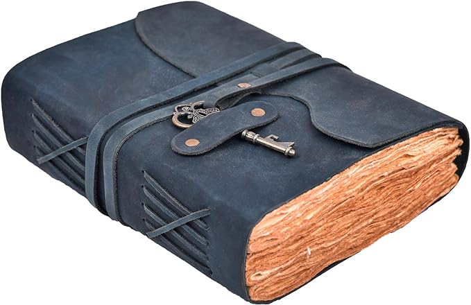 LEATHER VILLAGE Vintage Leather Journal – 200 Handmade Vintage Deckle Edge Paper – Leather bound Journal For Women Men – Vintage Key Closure - Book of Shadows - Blue - 10X7 inches