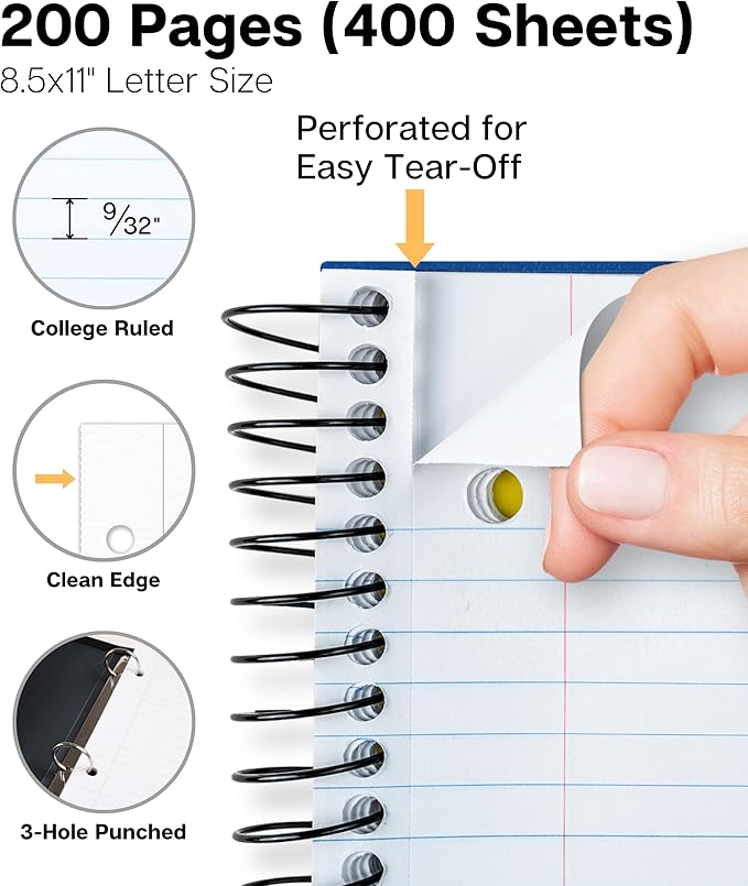 Dunwell 5-Subject Spiral Notebook, College Ruled (Blue), Colorful Movable Pocket Dividers with Tabs, Front/Back Plastic Covers, 200 Sheets (400 Pages) of 3-Hole Punch Perforated 8.5x11 Paper