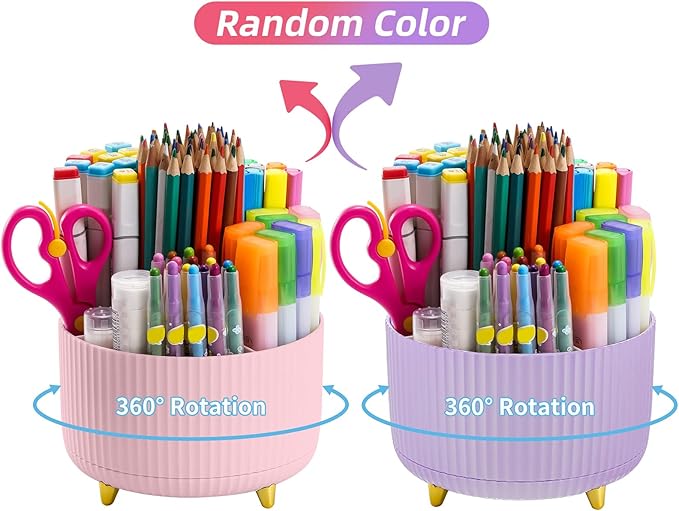 Marbrasse Desk Organizer, 360-Degree Rotating Pen Holder, Desk Organizers and Accessories with 5 Compartments Pencil Organizer, Art Supply Storage Box Caddy for Office, Home(Pink/Purple Random)