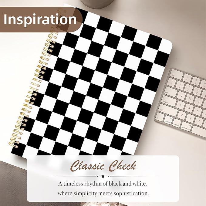 Cute Spiral Notebook journal A4 Aesthetic Pretty Design for Women Girls Kawaii with Pocket, 8.5 x 11 inch, Lined, Black Plaid