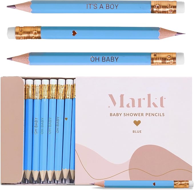 Markt Mini Pencils For Baby Shower Games Boy, Heart Pencils, Small Blue Pencil Set
