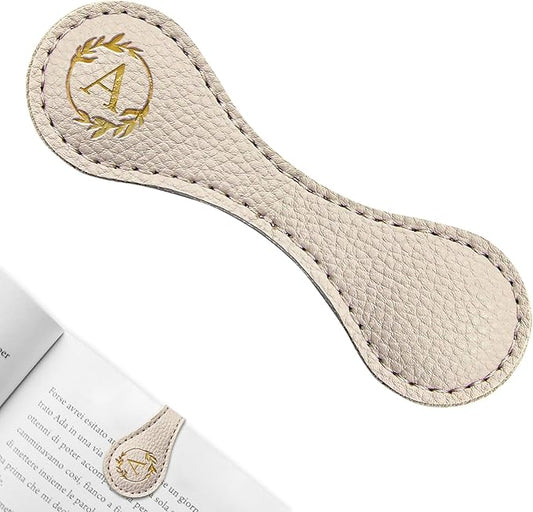 ABTOLS Magnetic Leather Initial Bookmarks, Vintage Initial ID Identification Book Marker Clip Gift Beige Capital Letter Book Markers for Book Lover Avid Readers (A)