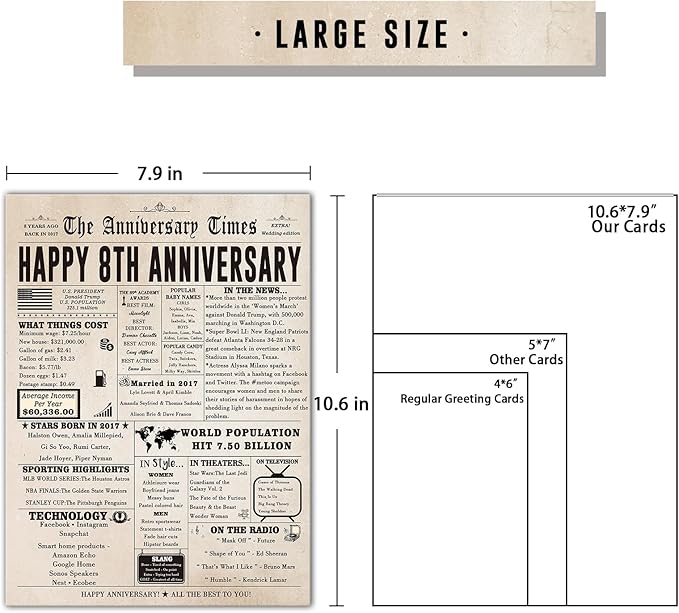 Jumbo 8th Anniversary Card for Women Men, Vintage 8 Year Anniversary Card Gift for Couple Parents, Retro 8 Wedding Anniversary Cards for Wife Husband