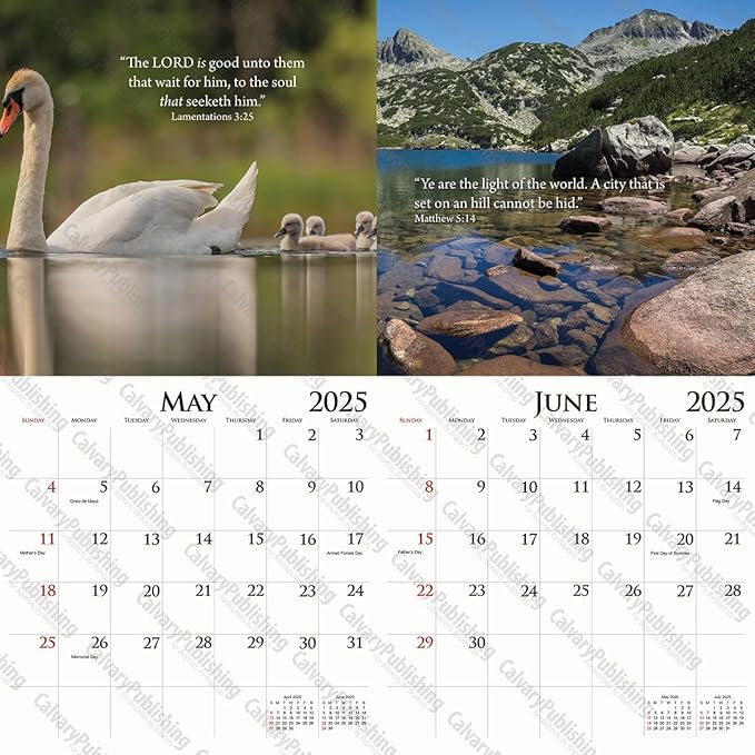 2025 Christian Wall Calendar, King James Bible Verses, 12x24 (Open) Staple Bound, Beautiful Pictures, quality printing and binding.