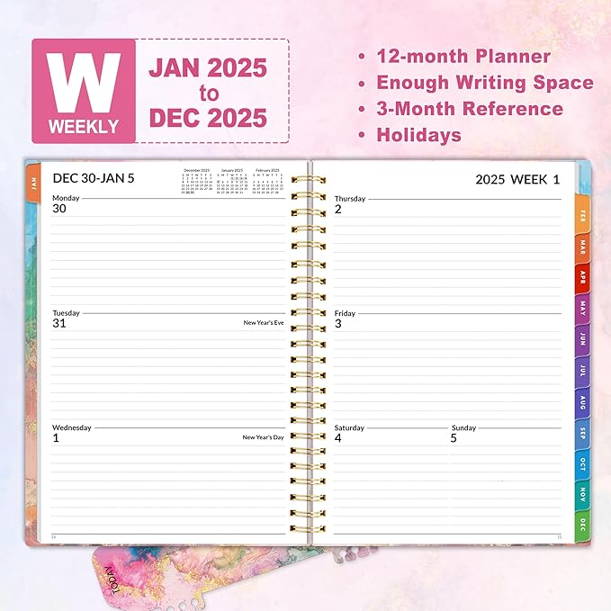 SUNEE 2025 Weekly and Monthly Planner - from January 2025 - December 2025, 6.4" x 8.3" Daily Agenda Planner with Monthly Tab, Flexible Cover, Note Pages, Pockets, Bookmark, Spiral Binding, Marble