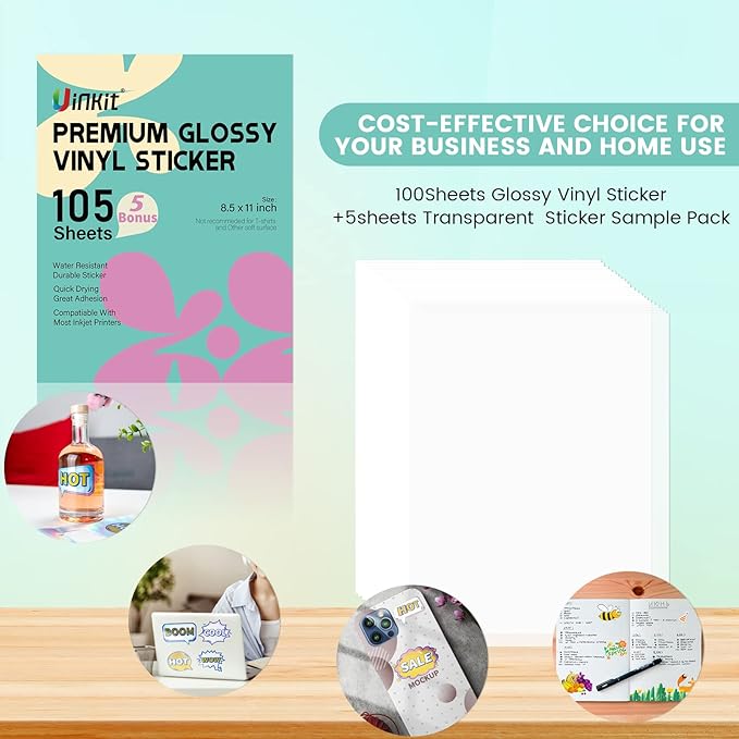 Uinkit 105 Sheets Premium Printable Vinyl Sticker Paper for Inkjet Printer Cricut,included 100Sheets Glossy and 5Sheets Transparent Label Waterproof Adhesive Dries Quickly Tear-Resistant, Removable