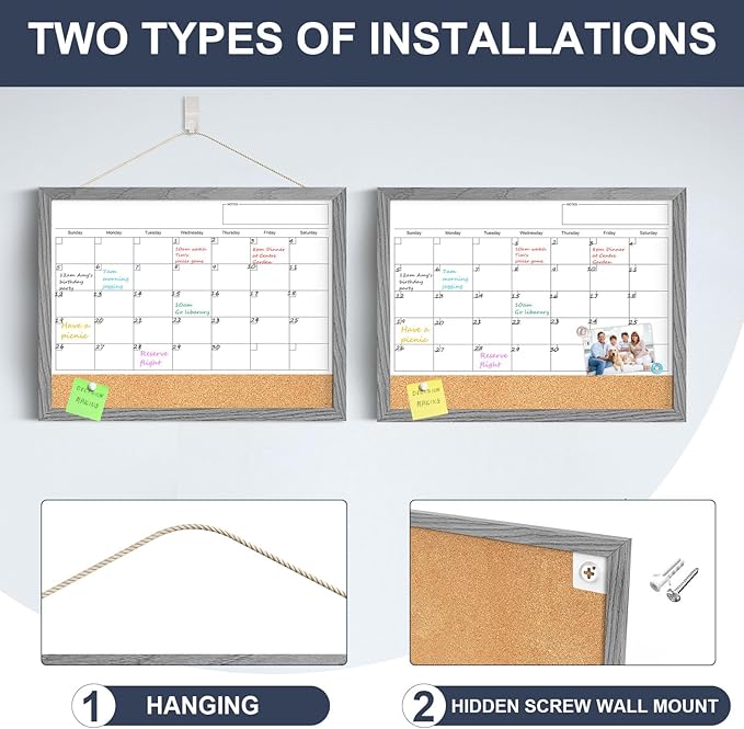 Calendar Whiteboard for Wall, Dry Erase Calendar Whiteboard Cork Board Combo, Magnetic Small White Board, Hanging Dry Erase Board for Kitchen Home Office (Graywashed)